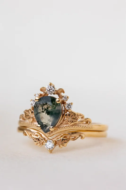 Men's Tourmaline Engagement Rings in 18K Two - Tone Gold with a Floral - Inspired SettingREADY TO SHIP: Ariadne ring set in 18K yellow gold, pear cut moss agate, accent lab grown diamonds, RING SIZE:  5.5 - 8.5 US