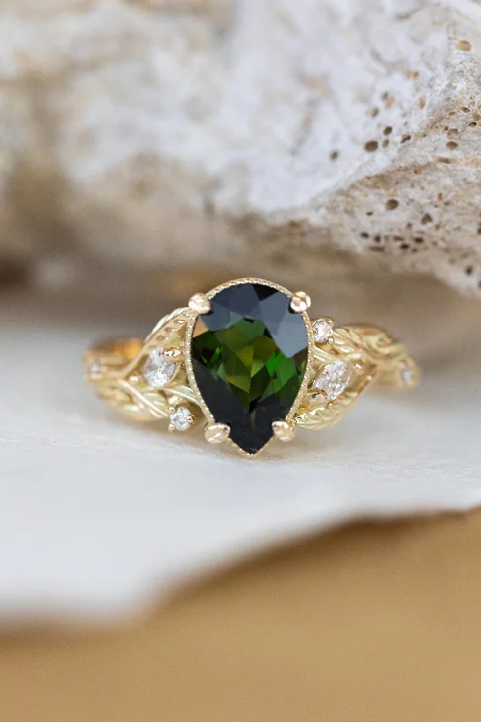 Men's Peridot Engagement Rings in 14K Gold - Filled Metal with a Micro - Pave SettingBig vivid green tourmaline engagement ring, nature inspired gold ring with accent diamonds / Patricia