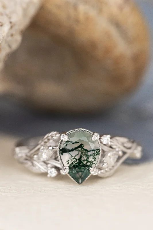 Men's Peridot Engagement Rings in 14K Gold - Filled Metal with a Micro - Pave SettingUnique moss agate engagement ring with diamonds, nature themed leaves and diamonds ring / Patricia