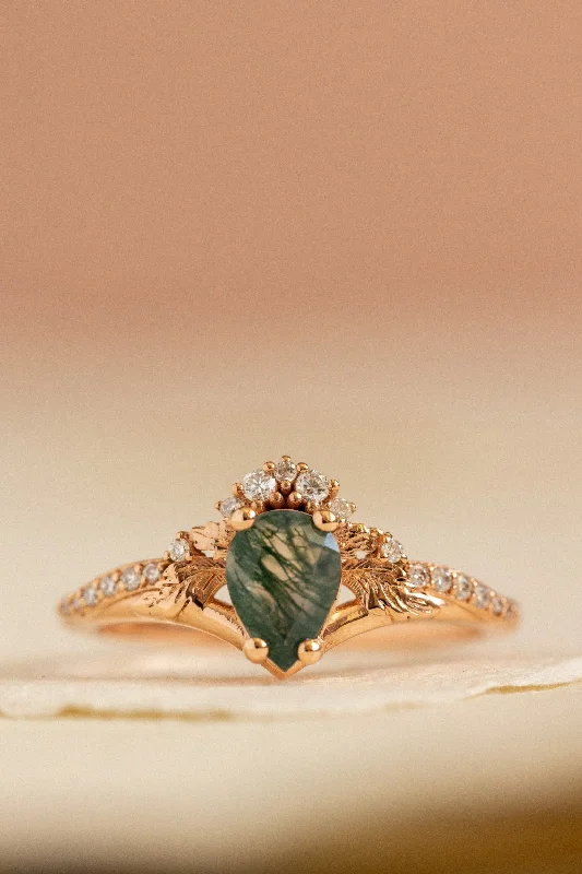 Men's Garnet Engagement Rings in 18K Gold Vermeil with Intricate Engraved DetailsDiamond crown moss agate rose gold proposal ring / Amelia