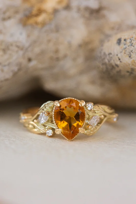 Men's Opal Engagement Rings in 10K Gold with a Milgrain - Trimmed BandNatural citrine engagement ring, promise ring with leaves and diamonds / Patricia
