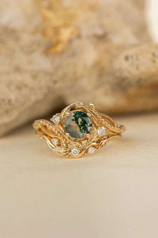 Men's Lapis Lazuli Engagement Rings in Sterling Silver with a Star - Shaped Stone SettingGold bridal ring set with natural round moss agate and accent diamonds / Undina