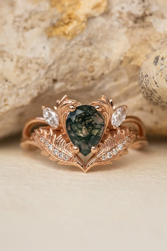 Men's Emerald Engagement Rings with 14K Yellow Gold and Vintage - Style FiligreeREADY TO SHIP: Adonis ring in 14K rose gold, moss agate pear cut, accent lab grown diamonds, RING SIZE: 5.75 - 8.75 US