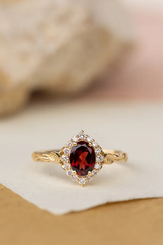 Men's Ruby Engagement Rings in Rose Gold with a Solitaire Design for a Romantic GestureOval garnet engagement ring with diamond halo, solid gold leaf ring / Florentina