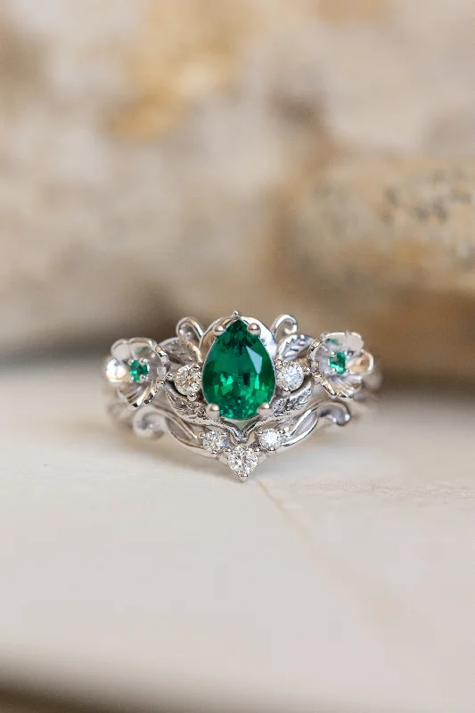 Men's Alexandrite Engagement Rings in Platinum with a Hidden Halo of DiamondsLab-created emerald engagement ring set, unique flower style bridal ring set / Adelina