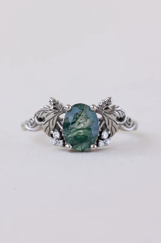 Men's Amethyst Engagement Rings in Sterling Silver with a Contemporary Geometric SettingREADY TO SHIP: Vineyard engagement ring in 14K white gold, oval moss agate, accents lab grown diamonds, RING SIZE: 5.5 - 8.5 US