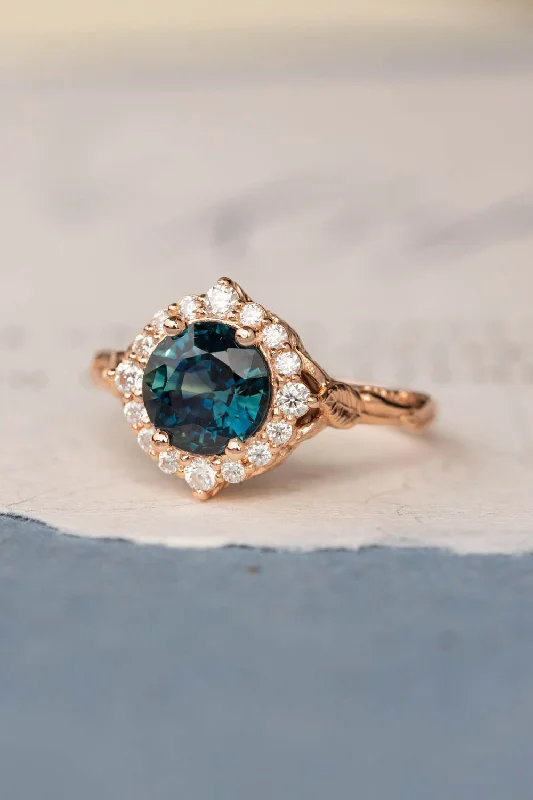 Men's Ruby Engagement Rings in Rose Gold with a Solitaire Design for a Romantic GestureGorgeous teal sapphire engagement ring with diamond halo, nature inspired gold ring with 2.3 carat sapphire and diamonds / Florentina Men's Ruby Engagement Rings in Rose Gold with a Solitaire Design for a Romantic GestureGorgeous teal sapphire engagement ring with diamond halo, nature inspired gold ring with 2.3 carat sapphire and diamonds / Florentina