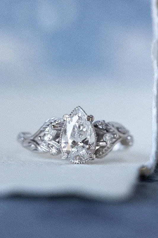 Men's Ruby Engagement Rings in Rose Gold with a Solitaire Design for a Romantic GesturePear lab grown diamond engagement ring, white gold vines and leaves ring with diamonds / Patricia