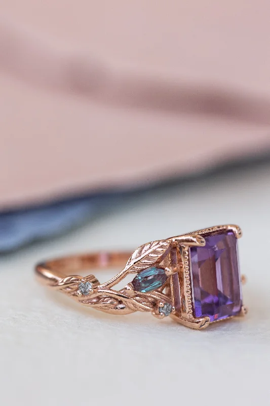Men's Alexandrite Engagement Rings in Platinum with a Hidden Halo of DiamondsREADY TO SHIP: Patricia ring in 14K rose gold, natural amethyst emerald cut 8x6 mm, accents lab alexandrites and natural salt and pepper diamonds, AVAILABLE RING SIZES: 4 - 6.5 US