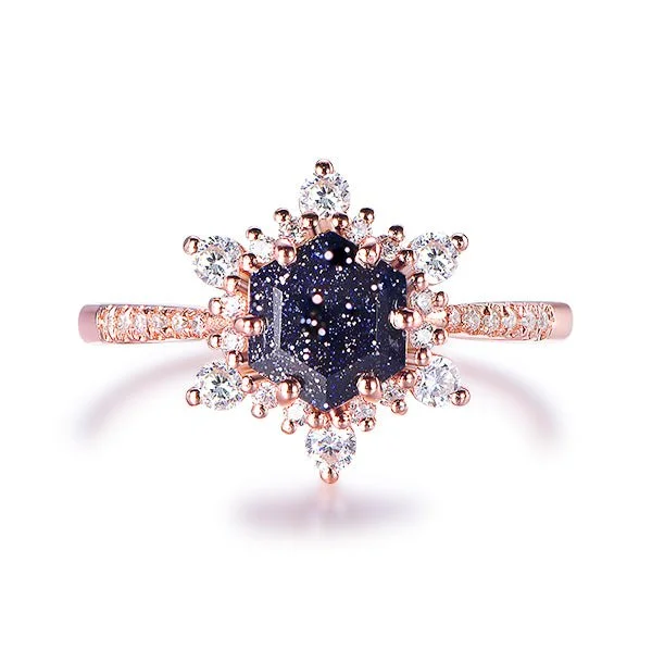Men's Agate Engagement Rings in Sterling Silver with a Mosaic - Style InlayHexagon Blue Sandstone Floral Diamond Halo Engagement Ring 14K Rose Gold