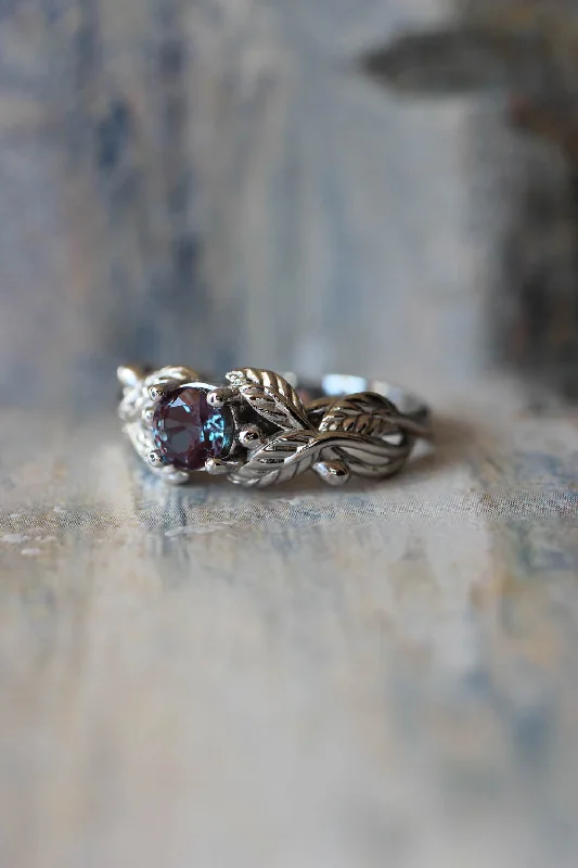 Men's Alexandrite Engagement Rings in Platinum with a Hidden Halo of DiamondsLab alexandrite engagement ring, white gold nature themed promise ring / Cornus