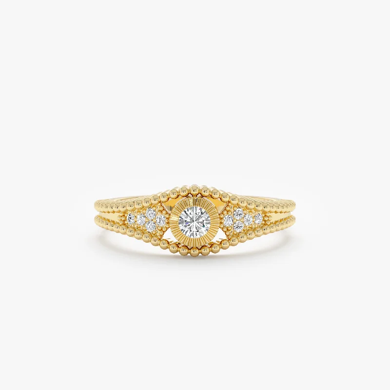 Men's Garnet Engagement Rings in 18K Gold Vermeil with Intricate Engraved DetailsSolid Gold Diamond Ring with Beaded Accents, Ori