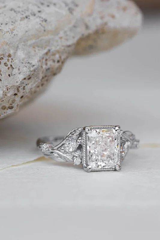 Men's Ruby Engagement Rings in Rose Gold with a Solitaire Design for a Romantic GestureRadiant cut lab grown diamond engagement ring, white gold leaves and diamonds proposal ring / Patricia