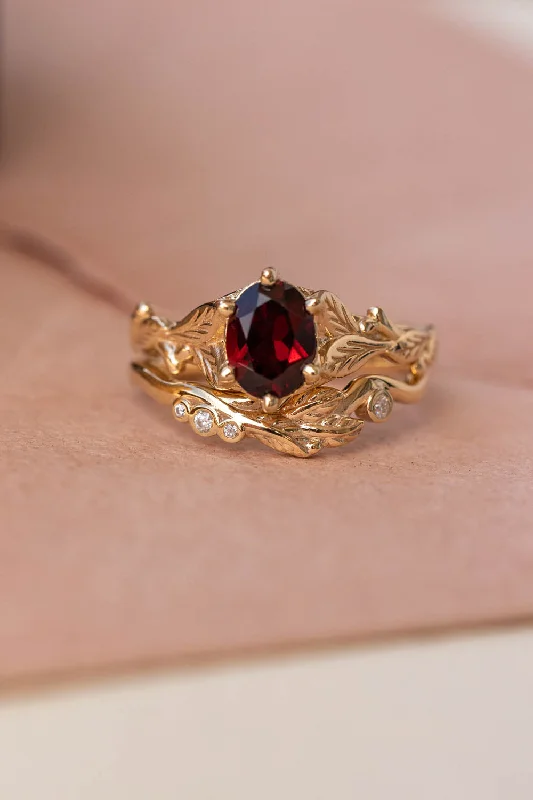 Men's Peridot Engagement Rings in 14K Gold - Filled Metal with a Micro - Pave SettingGarnet gold leaves engagement ring set, nature inspired bridal ring set / Freesia