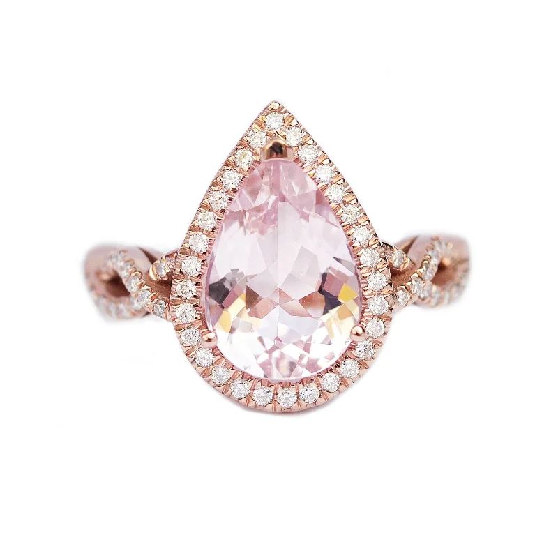 Men's Tourmaline Engagement Rings in 18K Two - Tone Gold with a Floral - Inspired Setting3 carats Pear Pink Morganite, Twist Shank Band Engagement Ring - "Elise" with Iceland Ring guard ♥ Men's Tourmaline Engagement Rings in 18K Two - Tone Gold with a Floral - Inspired Setting3 carats Pear Pink Morganite, Twist Shank Band Engagement Ring - "Elise" with Iceland Ring guard ♥