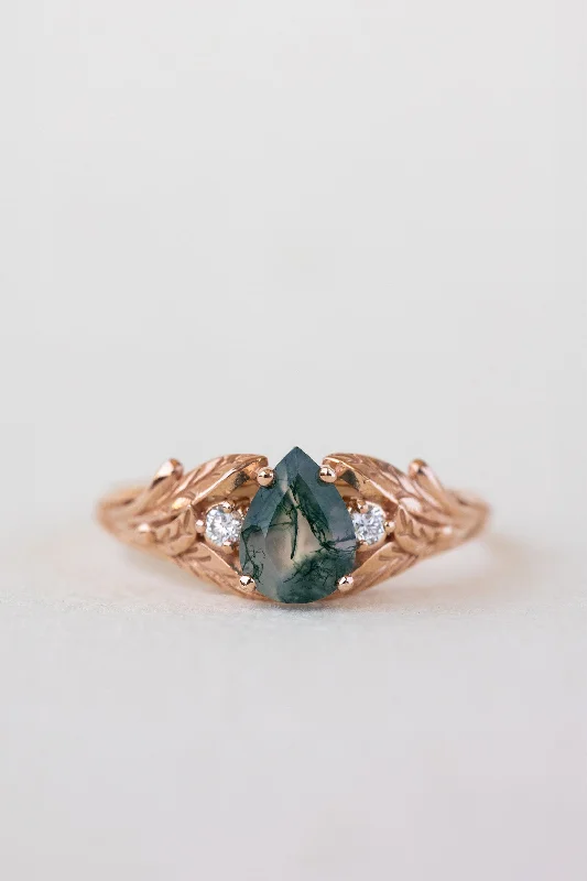 Men's Topaz Engagement Rings in 10K Gold with a Channel - Set Diamond BandREADY TO SHIP: Wisteria ring in 14K or 18K rose gold, pear moss agate, accents lab grown diamonds, RING SIZE: 5.75 - 8.75 US