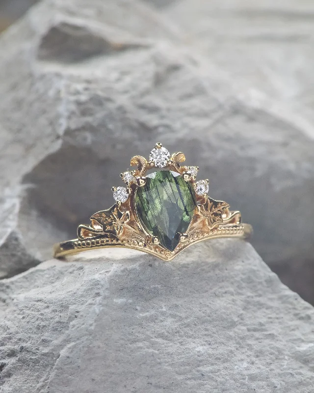 Men's Opal Engagement Rings in 10K Gold with a Milgrain - Trimmed BandUnusual rutile peridot engagement ring, golden ring with ivy leaves / Ariadne