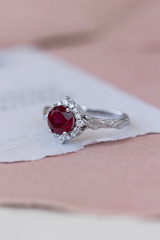 Men's Diamond Engagement Rings with Platinum Band and Halo Setting for a Luxury ProposalHalo engagement ring with 1.5 carat lab ruby, white gold leaf engagement ring / Florentina Men's Diamond Engagement Rings with Platinum Band and Halo Setting for a Luxury ProposalHalo engagement ring with 1.5 carat lab ruby, white gold leaf engagement ring / Florentina