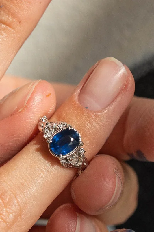 Men's Malachite Engagement Rings in 14K Gold with a Carved Stone CenterpieceRoyal blue sapphire engagement ring, nature inspired white gold proposal ring with diamonds / Patricia