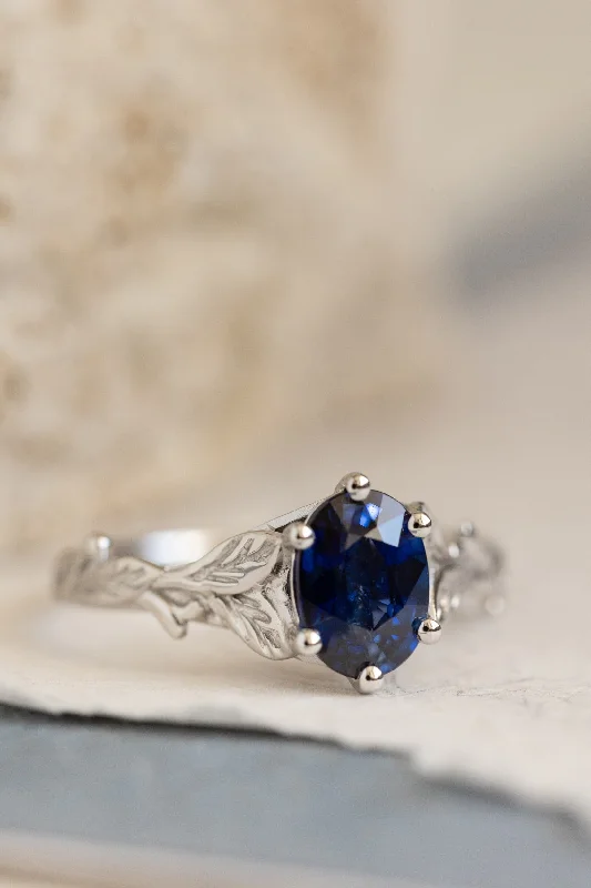 Men's Diamond Engagement Rings with Platinum Band and Halo Setting for a Luxury ProposalLab blue sapphire gold leaf engagement ring, oval cut gemstone proposal ring / Freesia