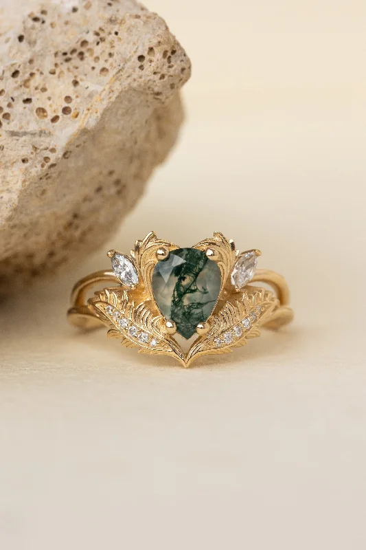 Men's Turquoise Engagement Rings in 925 Silver with a Southwestern - Inspired BandREADY TO SHIP: Adonis ring in 18K yellow gold, pear cut moss agate, accent lab grown diamonds, RING SIZES: 6.5 - 9.5 US