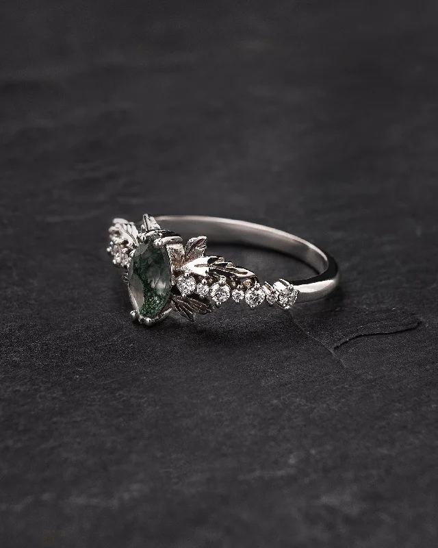 Men's Aquamarine Engagement Rings in 9K Gold with a Bezel - Set StoneNatural moss agate engagement ring with diamonds, nature inspired gold leaf ring / Verbena