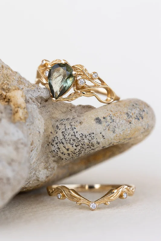 Men's Garnet Engagement Rings in 18K Gold Vermeil with Intricate Engraved DetailsREADY TO SHIP: Callisto bridal ring set in 14K yellow gold, unique rutile peridot and accent lab grown diamonds, RING SIZE 5 - 8 US