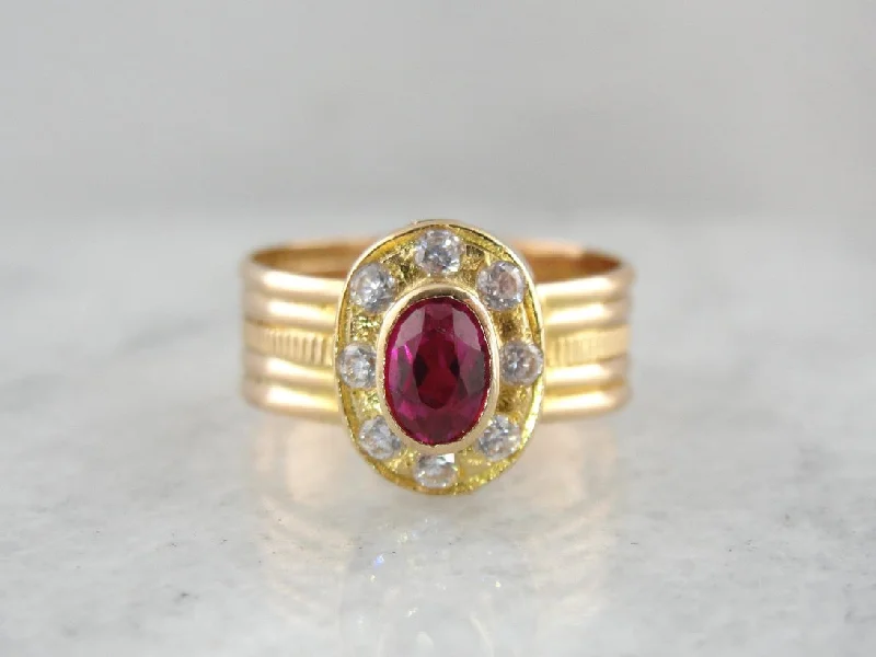Tanzanite Gemstone Rings in 10K Gold with a Trilogy Design for a Sophisticated GiftSynthetic Ruby and White Zircon Halo Ring in Yellow Gold, Made with Vintage Parts Tanzanite Gemstone Rings in 10K Gold with a Trilogy Design for a Sophisticated GiftSynthetic Ruby and White Zircon Halo Ring in Yellow Gold, Made with Vintage Parts