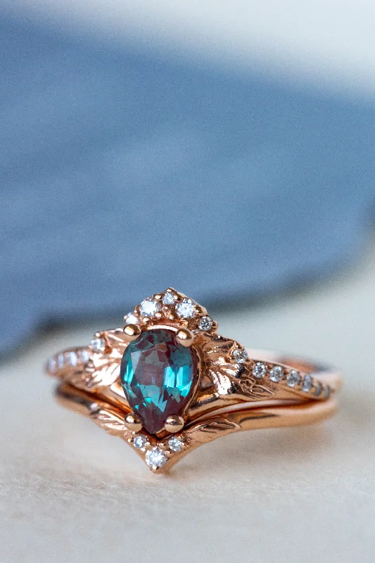 Men's Garnet Engagement Rings in 18K Gold Vermeil with Intricate Engraved DetailsLab created alexandrite engagement ring set, leaves and diamonds crown bridal ring set / Amelia