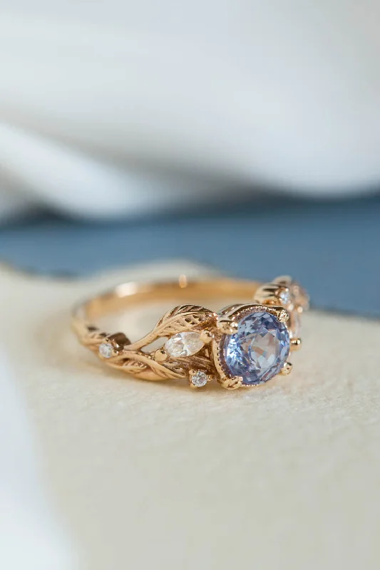 Men's Moonstone Engagement Rings in Silver - Plated Copper with a Celtic Knot PatternNatural lavender sapphire engagement ring, gold leaves ring with diamonds / Patricia