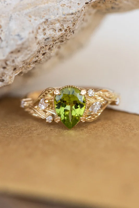 Men's Topaz Engagement Rings in 10K Gold with a Channel - Set Diamond BandNatural peridot engagement ring, gold vines and leaves ring with accent diamonds  / Patricia