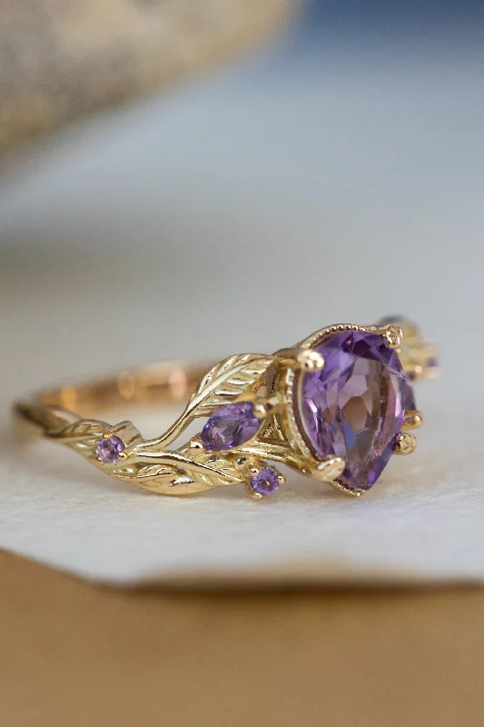 Men's Diamond Engagement Rings with Platinum Band and Halo Setting for a Luxury ProposalAmethyst engagement ring, gold vines and leaves proposal ring / Patricia