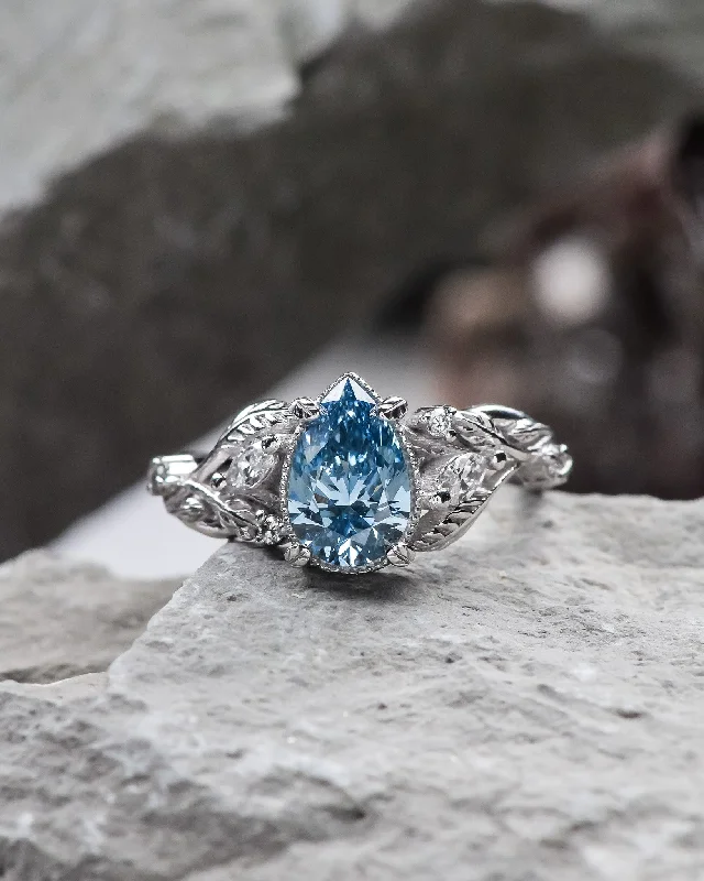 Men's Topaz Engagement Rings in 10K Gold with a Channel - Set Diamond BandBlue lab grown diamond engagement ring, white gold nature inspired ring with leaves and diamonds / Patricia