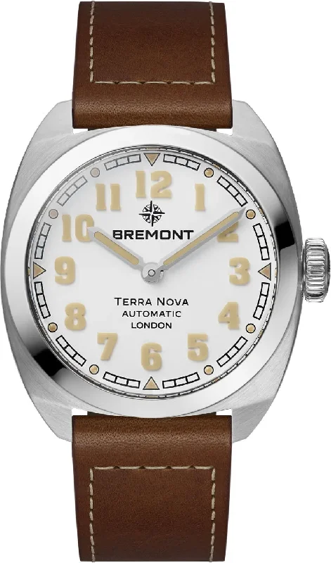Men's Tungsten Carbide Wedding Bands with a Matte Finish and Grooved Details for a Modern and Durable OptionBremont Terra Nova 38 White Leather Men's Tungsten Carbide Wedding Bands with a Matte Finish and Grooved Details for a Modern and Durable OptionBremont Terra Nova 38 White Leather
