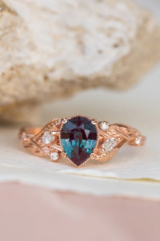 Men's Diamond Engagement Rings with Platinum Band and Halo Setting for a Luxury ProposalLab alexandrite rose gold engagement ring, nature inspired proposal ring / Patricia