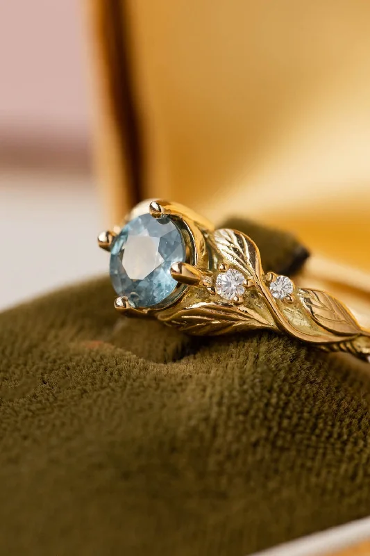Men's Tanzanite Engagement Rings in Palladium with a Three - Stone ArrangementBlue sky sapphire engagement ring, gold leaves and accent diamonds proposal ring / Clematis Men's Tanzanite Engagement Rings in Palladium with a Three - Stone ArrangementBlue sky sapphire engagement ring, gold leaves and accent diamonds proposal ring / Clematis