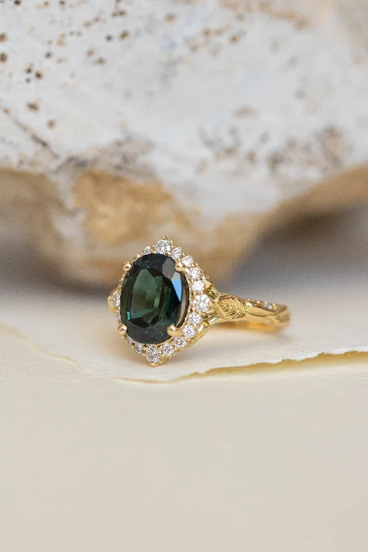 Men's Sapphire Engagement Rings in 18K White Gold with Pave Diamond AccentsDiamond halo and big natural teal sapphire engagement ring, nature inspired yellow gold ring / Florentina Men's Sapphire Engagement Rings in 18K White Gold with Pave Diamond AccentsDiamond halo and big natural teal sapphire engagement ring, nature inspired yellow gold ring / Florentina