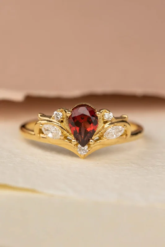 Men's Tanzanite Engagement Rings in Palladium with a Three - Stone ArrangementREADY TO SHIP: Swanlake ring in 18K yellow gold, natural garnet pear 7x5 mm, natural diamonds, AVAILABLE RING SIZES: 8 - 11 US