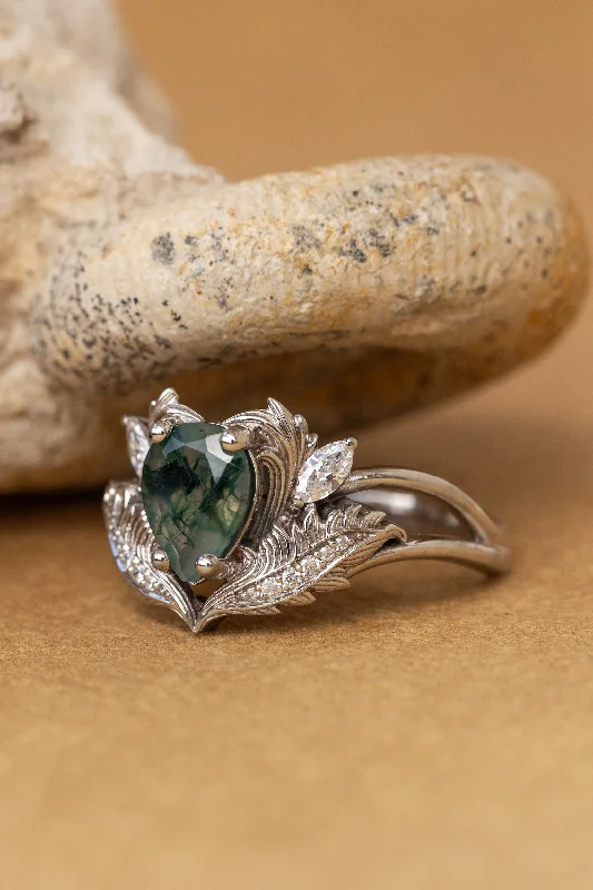 Men's Sapphire Engagement Rings in 18K White Gold with Pave Diamond AccentsREADY TO SHIP: Adonis ring in 14K white gold, pear cut moss agate, accent lab grown diamonds, RING SIZES: 4.5 - 8.75 US