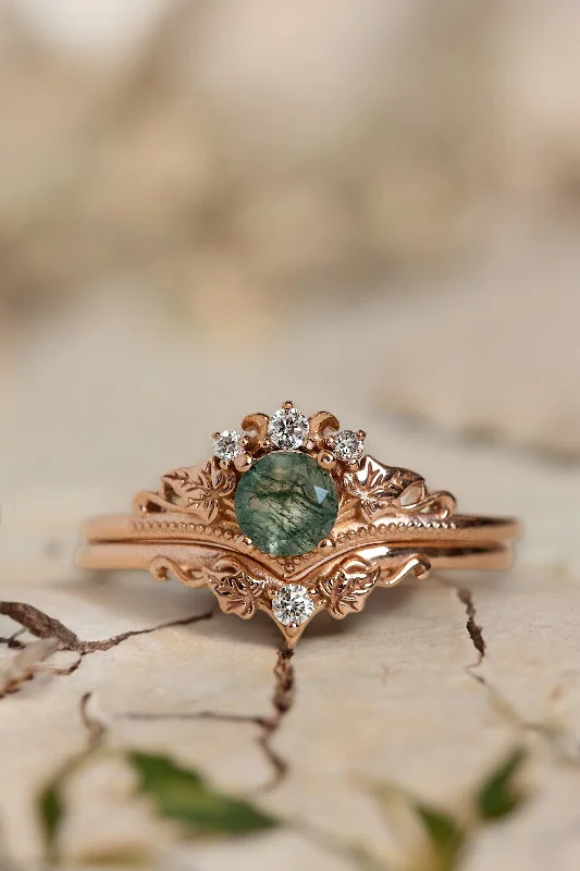 Men's Tourmaline Engagement Rings in 18K Two - Tone Gold with a Floral - Inspired SettingREADY TO SHIP: Ariadne bridal ring set in 14K rose gold, round moss agate, accents lab grown diamonds, AVAILABLE RING SIZE: 8.5 - 11.5 US