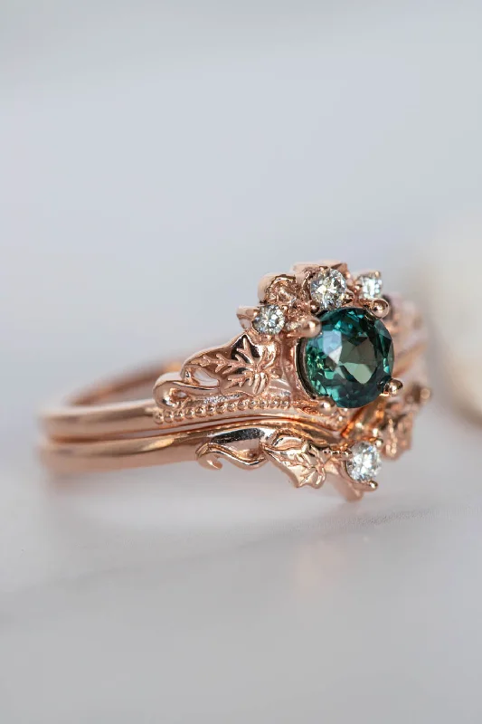 Men's Tanzanite Engagement Rings in Palladium with a Three - Stone ArrangementREADY TO SHIP: Ariadne set in 14K rose gold, natural teal sapphire round cut 5 mm, diamonds, RING SIZE 5.5 - 8.5 US US