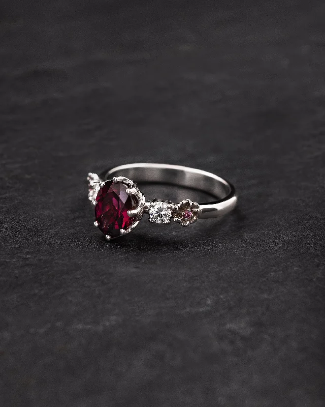 Men's Garnet Engagement Rings in 18K Gold Vermeil with Intricate Engraved DetailsRhodolite garnet engagement ring, white gold flower ring with diamonds and tourmalines / Fiorella Men's Garnet Engagement Rings in 18K Gold Vermeil with Intricate Engraved DetailsRhodolite garnet engagement ring, white gold flower ring with diamonds and tourmalines / Fiorella
