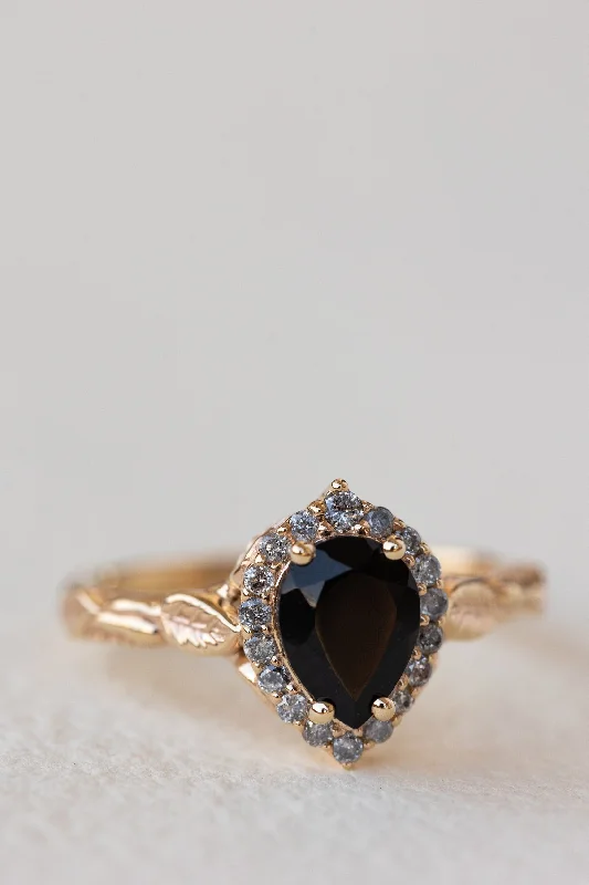 Men's Emerald Engagement Rings with 14K Yellow Gold and Vintage - Style FiligreeBlack spinel with salt and pepper diamonds halo engagement ring / Florentina Men's Emerald Engagement Rings with 14K Yellow Gold and Vintage - Style FiligreeBlack spinel with salt and pepper diamonds halo engagement ring / Florentina