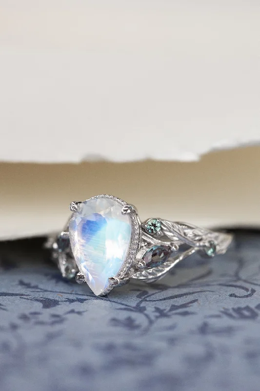Men's Tanzanite Engagement Rings in Palladium with a Three - Stone ArrangementNatural moonstone and accent alexandrites engagement ring, vines and leaves white gold ring / Patricia