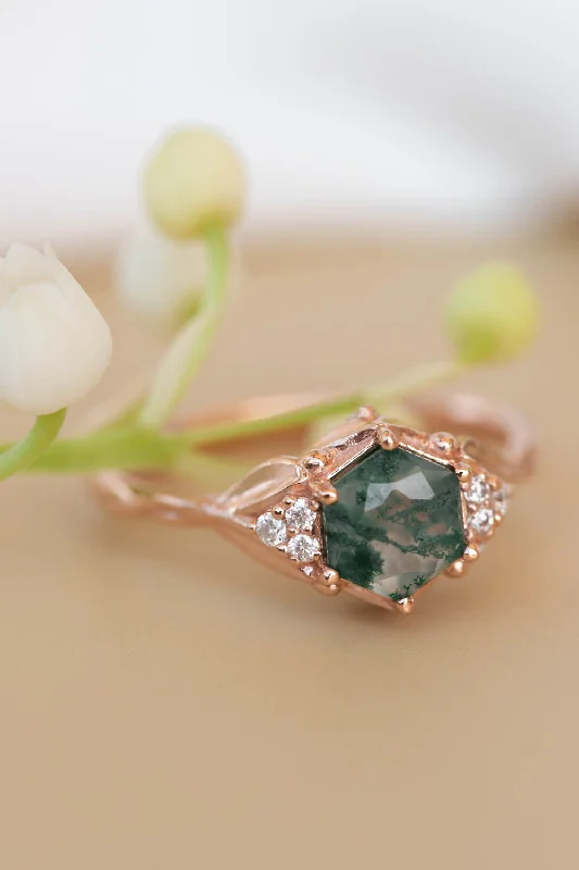 Men's Peridot Engagement Rings in 14K Gold - Filled Metal with a Micro - Pave SettingMoss agate engagement ring, gold leaves proposal ring with diamonds / Roma