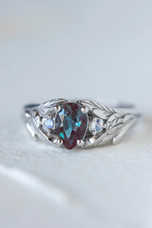 Men's Agate Engagement Rings in Sterling Silver with a Mosaic - Style InlayColour changing alexandrite engagement ring, gold twig ring with side moonstones / Wisteria