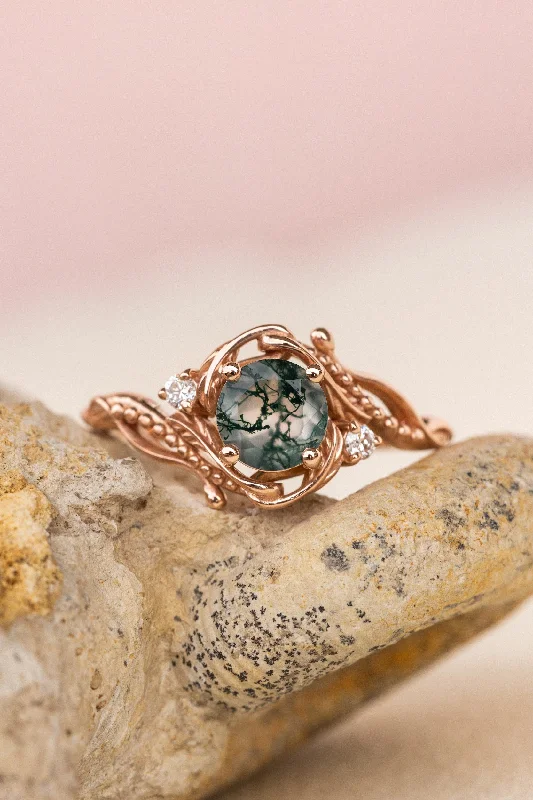 Men's Aquamarine Engagement Rings in 9K Gold with a Bezel - Set StoneRose gold engagement ring with moss agate and diamond accents / Undina