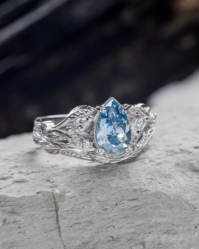 Men's Opal Engagement Rings in 10K Gold with a Milgrain - Trimmed BandOne of a kind blue lab-grown diamond engagement ring set, white gold twig stacking rings with diamonds / Patricia