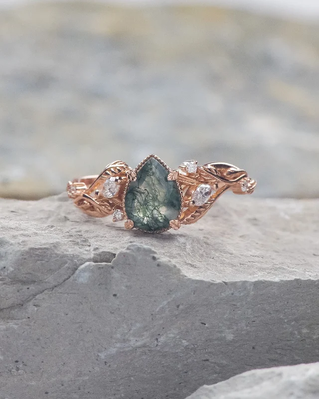 Men's Citrine Engagement Rings in Stainless Steel with a Stackable Band DesignREADY TO SHIP: Patricia ring in 14K rose gold, natural moss agate pear cut 8x6 mm, accent lab grown diamonds, AVAILABLE RING SIZES: 4.5 - 9.5 US