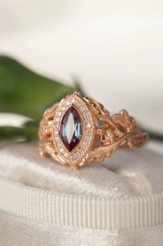 Men's Tanzanite Engagement Rings in Palladium with a Three - Stone ArrangementDiamond halo and marquise alexandrite engagement ring, rose gold oak leaf engagement ring / Dair